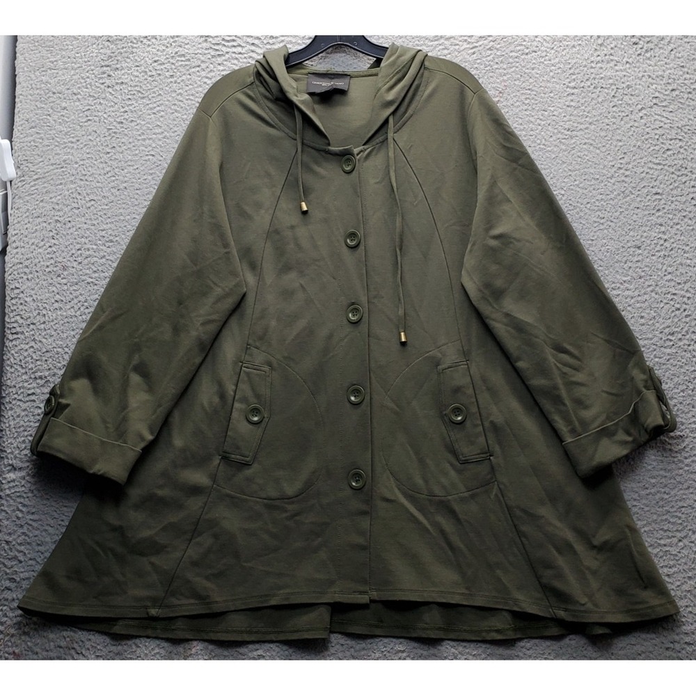 Christian Siriano Hooded Swing Coat Womens 1X Green Long Sleeve Button Front